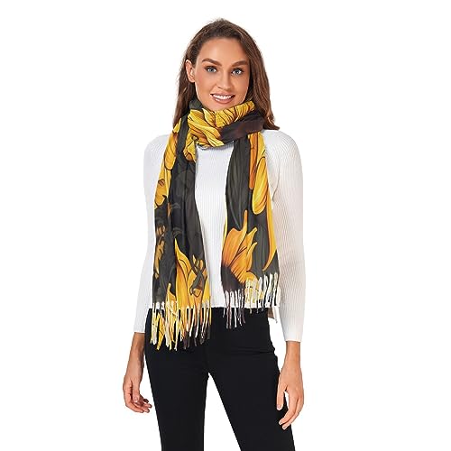 Vnurnrn Cashmere Feel Scarf for Women, Soft Warm Single-sided Black Yellow Sunflower Print, Fashion Pashminas Shawl Wrap Large Size with Tassels3