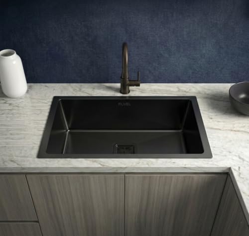 Image of RUVEL Kitchen Sink 24 inchx18 inchx9 inch | Premium Handmade 304 Grade Stainless Steel Single Bowl | Heavy Duty, Rust & Scratch Resistant | Includes Waste Coupling, Drain Rack & Hose Pipes | Black - Matt Finish