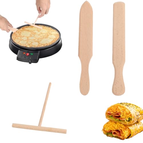 3-teiliges Buchenholz Crepes Werkzeug Set, Professioneller Teigverteiler und Wender für Crepes und Pfannkuchen, Buchenholz Spatel für Antihaftbeschichtete Pfannen (T-Form, Flach und Spitz)