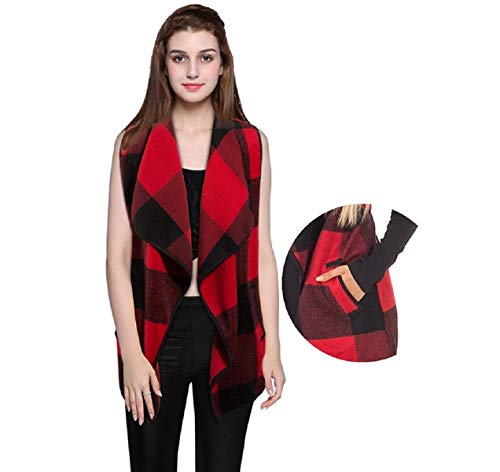 Womens Casual Lapel Open Front Plaid Vest Cardigan Coat With Pockets Sleeveless Fashion Buffalo Plaid Outerwear Vests Plus Size Vintage Fall Cardigan Vest Shacket (Red, Xl) #TOP3