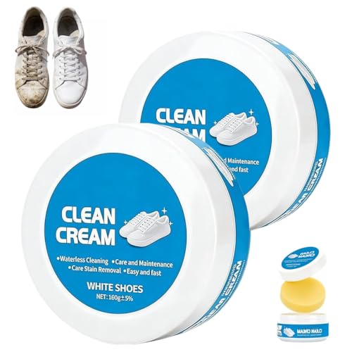 White Shoe Cleaning Cream, 2PCS Shoe Cleaner,Multipurpose No-Wash Solid Comes with Sponge Deep Cleaning, Shoes Clean Cream