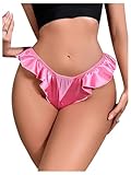 OYOANGLE Women's Silk Stain Ruffle Trim Thong Panties Low Rise No Show Underwear Hot Pink Large