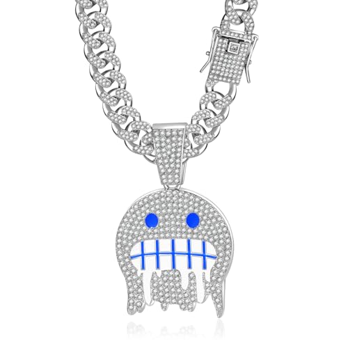 EDINGM Smiley Pendant Miami Cuban Link Chain for Men, Gold/Silver Plated Diamond Necklace, Iced Out Hip Hop Jewelry Gift2