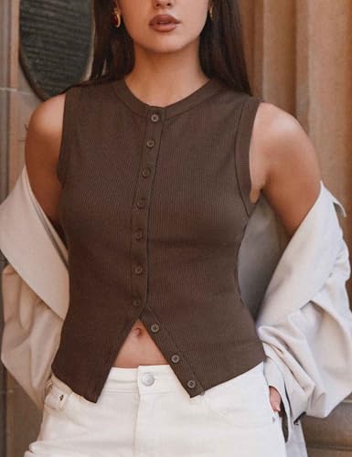 Image of Bozanly Womens Button Down Ribbed Tank Top Summer Sexy Sleeveless Slim Fit Y2k Crop Going Out Tops(0947-Coffee-XS)