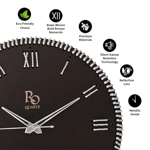 Image of Wooden Round Shape Roman Dial Wall Clock with Golden Zari Rope Detailing and Silver Hands | Silent Quartz Movement Anti Reflection Analog Vintage Clock for Home & Office (Black 15.5 Inch)