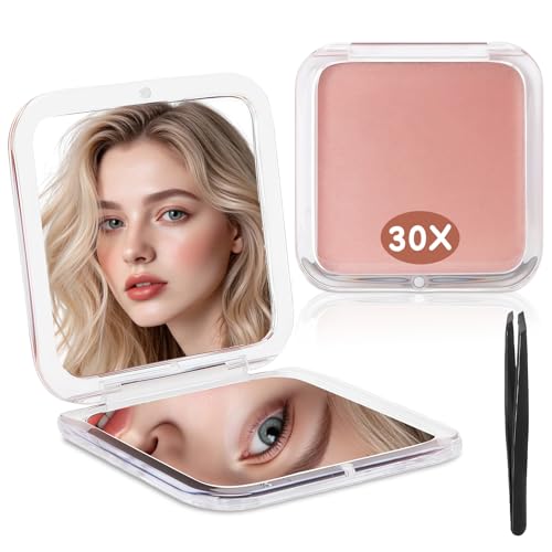 AMFUN Miroir Compact 30X, 8.5x8.5cm Miroir Grossissant Pliable des Deux Côtés, Petit Miroirs avec Grossissement pour Sortir, Voyager et Se Maquiller (Rose)