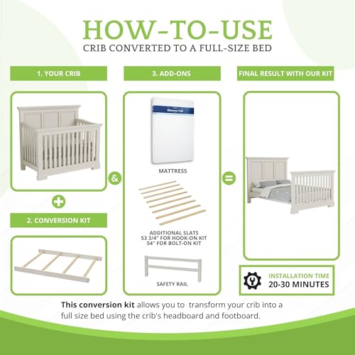 Image of Full-Size Conversion Kit Bed Rails for Oxford, Soho, Ozlo & Avalon Baby Convertible Cribs - Solid Wood - Toddler & Adult Rail for Full-Size Bed - Nursery & Baby Furniture (Vintage White, Hook-On Kit)