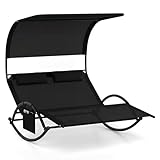GIANTEX Chaise Longue de Jardin à Bascule pour 2 Personne, Poche Latérale, Transat Double à Bascule, Charge 300 kg, Auvent Pare-Soleil, 2 Oreillers Amovibles, Cadre en Métal, pour Jardin, Noir