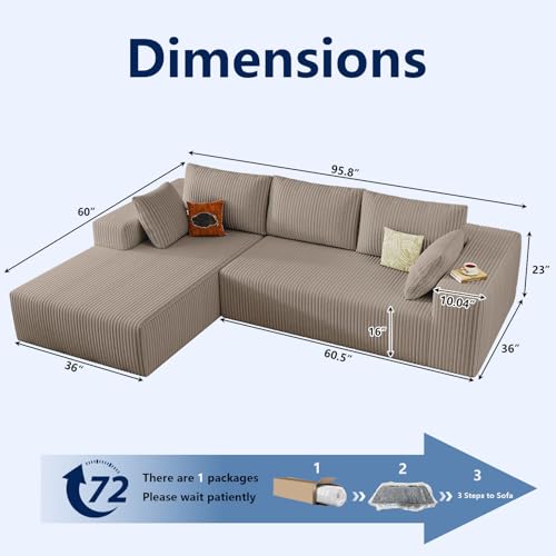 Image of 96 inch Modular Sectional Sofa, Modern Corduroy Cloud Couch with Deep Seat, Boneless Couch Upholstered 3-Seater L-Shaped Sofa for Living Room, No Assembly Required (Camel, Left-Facing Chaise)