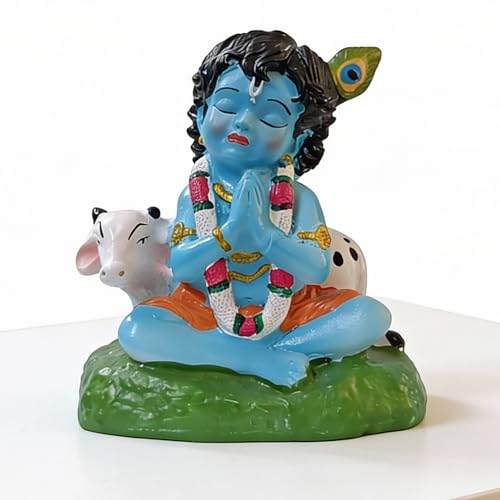 Image of Premium Bal Krishna Resin Idol for Car Dashboard, Home Temple & Office (7 x 6.5 x 4.5 cm) | Handcrafted Laddu Gopal Murti Showpiece for Vastu, Peace & Protection (Color: Blue)