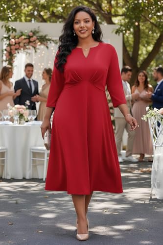 Image of Nmoder Women's Plus Size Stretchy Flared Wrap Dress Casual Wedding Guest Midi Dresses V Neck 3 /4 Sleeve A-Line Swing Dress