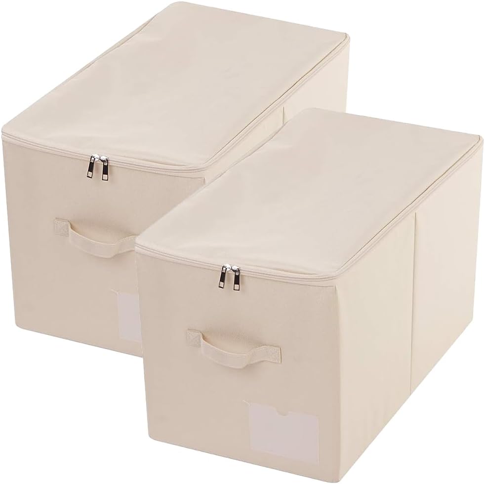 Pack of 2, Zip Lidded Wardrobe Storage Bins,Collapsible Fabric Storage Boxes for Clothing, Bedding, Toys, Blankets Organizer, Foldable & Washable, Beige