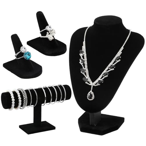 JOUTYFOR 4 Pcs Velvet Jewelry Display Set Velvet Necklace Bust Holder Bracelet Organizer Ring Finger Jewelry Holder Organizer for Vendors Selling Trade Show Retail Home Decor (Black)