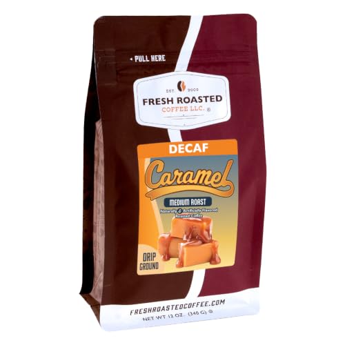 Fresh Roasted Coffee, Decaf Caramel Flavored Drip Ground Coffee, Medium Roast, Kosher, 12 oz