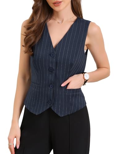 Allegra K Vest Tops for Women V Neck Sleeveless Button Down Striped Trendy Waistcoat Top Ladies Business Casual Outfits