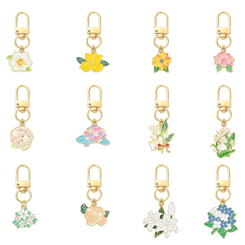 WEWAYSMILE 12Pcs Flower Keychain Charm Enamel Cute Keychains Bulk Keychain Party Favors Zipper Pull Charm Small Bag Charms for Handbags Purse,Back to School,Headphone Case Gift Box Decoration