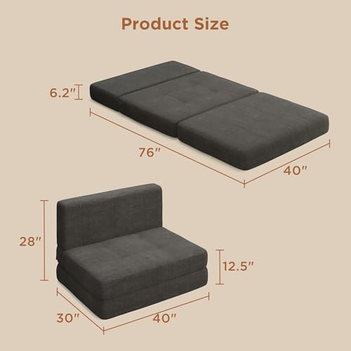 Aiho Futon Sofa Bed, Sleeper Chair Floor Couch, Memory Foam Folding?Chair?Bed with Linen?Fabric Removable Cover, for Living Room/Dorm/Guest Room/Apartment, Twin, Dark Grey - Thumbnail 2
