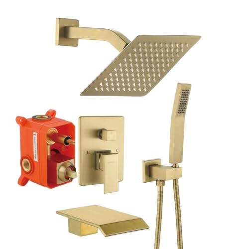 JOYWELL Bathroom Shower Faucets sets Complete Brushed Gold Bath tub Shower Faucet set with 8" Shower Head/Handheld Shower and Tub Faucet Combo