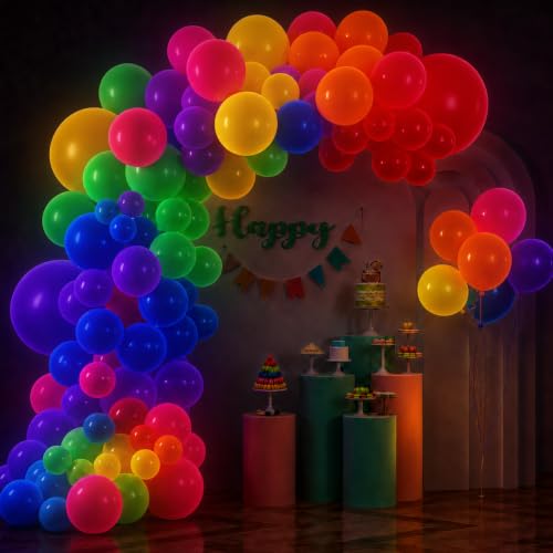 Image of GYIPFIPA 200 Pack UV Neon Balloons Assorted Color 12 Inches Rainbow Latex Balloons 7 Color Balloon glow in the dark, for Birthday Baby Shower Wedding Party Decorations