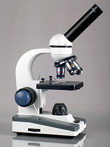 Image of AmScope M150C-PB10-WM Compound Monocular Microscope, WF10x and WF25x Eyepieces, 40x-1000x Magnification, LED Illumination, Brightfield, Single-Lens Condenser, Coaxial Coarse and Fine Focus, Plain Stage, 110V, Includes 5 Blank Slides, 5 Prepared Slides, and Book