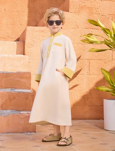 Image of OBEEII Boy's Muslim Arab Solid Color Thobe Long Sleeve Kaftan Embroidered Robe Islamic Arabic Abaya Thobe