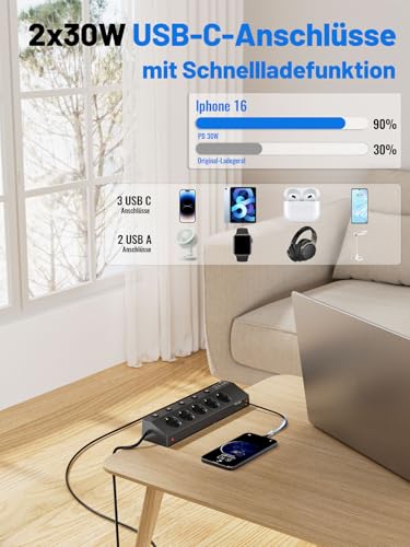 Tischsteckdose Steckdosenleiste mit 2 USB C (PD 30W), PASSUS 5 Fach Mehrfachsteckdose Schreibtisch mit Überspannungsschutz & Einzeln Schaltbar, 10-in-1 Ecksteckdose mit 3M Kabel für Büro, Schwarz
