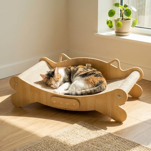 Image of Cat Scratching Board Sisal Cat Scratcher Bed 160° Curved Design, Solid Beech Wood & Sisal Pad Cats Scratch Board, Pet Furniture for All Cats Protecting Furniture Scratching Mat Extra-Large 59x32x16cm