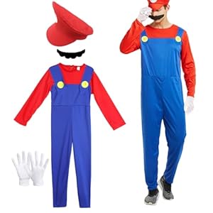 Capaneus Kostüm Super Brothers Klempner, Super Klempner Kostüm für Erwachsene Cosplay Outfit mit Rot Mütze, Handschuhen und Schnurrbart für Karneval Halloween Faschingskostüme Herren Damen