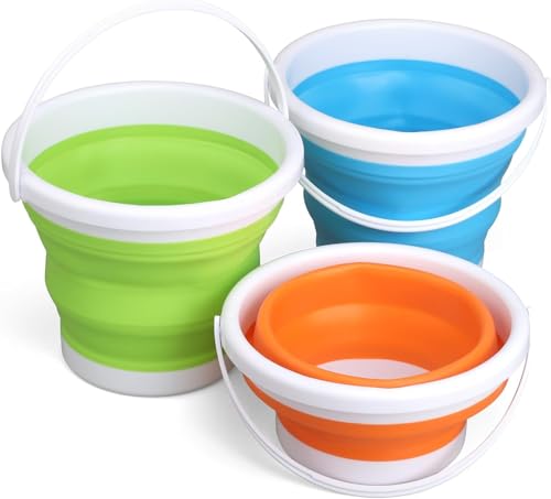 LATERN 3Pcs Foldable Silicone Buckets 3L Jumbo Sand Beach Toy Pails Collapisible Water Buckets Swimming Pool Toys with Handle for Gardening Travel Fishing Cleaning Camping (Blue Green Orange)