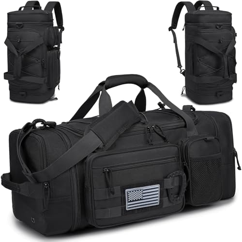 TONRUYN 3 in 1 Tactical Gym Bag Backpack for Men 50-55L Expandable Travel Duffle Bag for Women Large Military Sport Duffel Bags Weekend Overnight with Shoe Compartment & Wet Pocket for Fitness, Black
