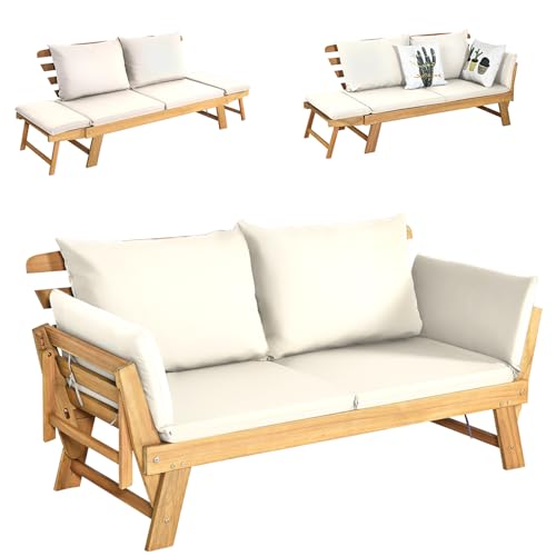 KOMFOTTEU 3 en 1 Banco de Jardín de 2 Plazas, Banco de Madera de Acacia con Reposabrazos Regulables, Tumbona con Cojines para Exterior, Sofá Cama Convertible para Terraza y Balcón (Beige)