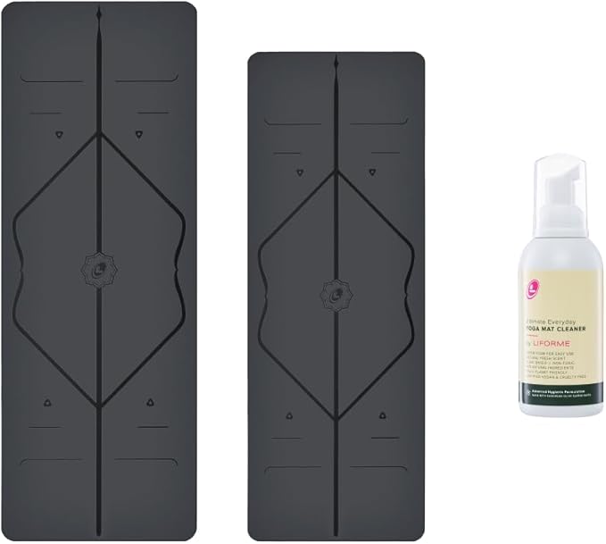 LIFORME Original Yoga Mat & Travel Mat & Ultimate Everyday Yoga Mat Cleaner - Bundle Pack -Patented Alignment System, Eco-Friendly, Non-Slip Warrior-Grip, Sweat Resistant, Comfortable - Grey/Grey