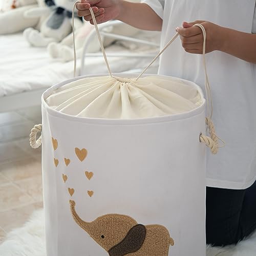 Image of Baby Laundry Basket Laundry Hamper, Canvas 58L XL Baby Clothes Basket, Collapsible Brown Laundry Basket for Nursery Toy Baskets with Drawstring Closure, KidsRoom Decor for Boys