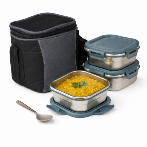 Image of TEKCOOL Stainless Steel Lunch Box with Bag | Set of 3 (400 ml Each), Square | Tiffin Box for Office, School & College