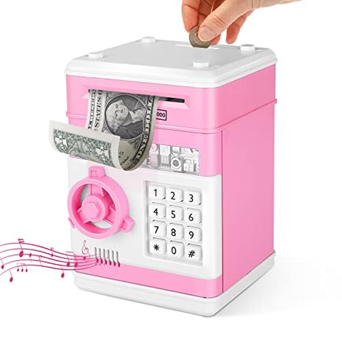 Trintion Electronic Money Bank Mini ATM Money Box for Kids, Password-Protected Cash and Coin Saving Safe, Educational Financial Management Toy for Boys and Girls Pink