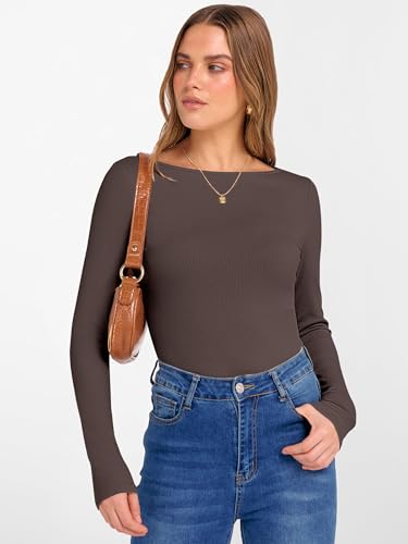 Image of ANRABESS Women's Boat Neck Long Sleeve Shirts Rib Knit Slim Fitting Tops Basic Tees 2026 Casual Comfy Fall Outfits Clothes