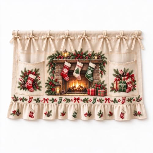 Aufmer Vintage Fireplace Print Christmas Oven Skirt Curtains W/ 2 Pockets - image 8