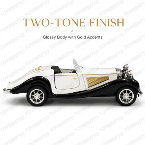 Image of 1:36 Scale Die-Cast Vintage Roadster Car Model, 13 cm Pull-Back Toy Car with Openable Doors, Rubber Tyres and Detailed Interior, Collectible Display Gift, White and Black