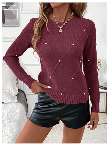 Image of Verdusa Women's Business Casual Outfits Elegant Holiday Sweaters Pearl Long Sleeve Textured Knit Pullover Tops