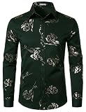 ZEROYAA Mens Rose Floral Luxury Printed Dress Shirts Dark Green M