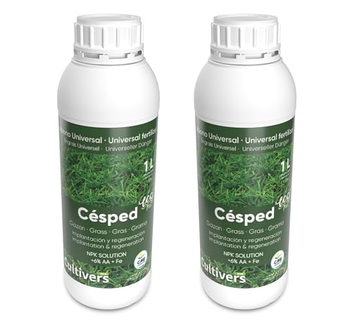 CULTIVERS Fertilizante Césped Ecológico de 2x1 L. Abono Líquido con Micronutrientes y Aminoácidos. Abono 100% Orgánico Césped más Verde, Fuerte y denso. No Produce Quemaduras