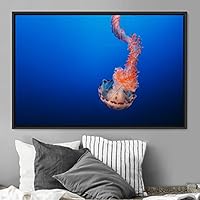 Framed Canvas Wall Art Jellyfish Floating Colorful Fish Group Marine Life Multicolor Nautical Photography Realism Ultra - 16x24 inches