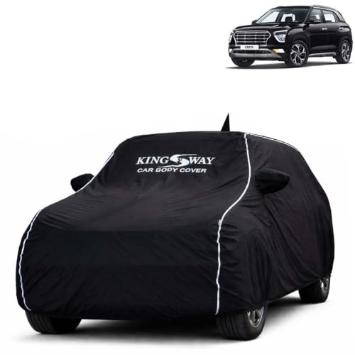 Image of KINGSWAY Super Waterproof Car Cover Only with Hyundai Creta (Year 2020 to 2023 - All Model) | Mirror and Antenna Pockets | All Weather Car Body Cover with Silver Piping | Black