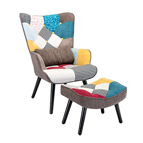 HomeMiYN Relaxsessel mit Hocker Patchwork Sessel Ohrensessel Wohnzimmer, Loungesessel Leinen Massivholzfüße, Moderner Fernsehsessel für Schlafzimmer Büro, Frühjahrsangebot Gemütliche Ecke