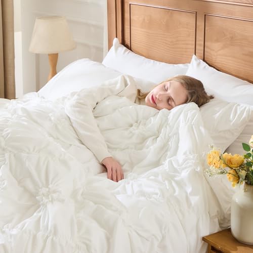Image of White Comforter Set Queen Size Bed in A Bag 7 Piece Pinch Pleat Bedding Set,Pintuck Ruched Flowers Bed Set with Comforter, Sheets, Pillowcases & Shams