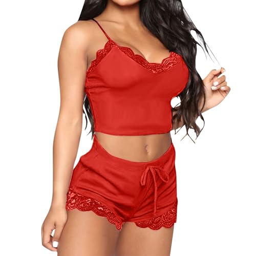 [mimii] Womens Sets Soft Lace Trim Lingerie 2 Piece Shorts Set Neck Nightwear Bridal (Red, XXXL)