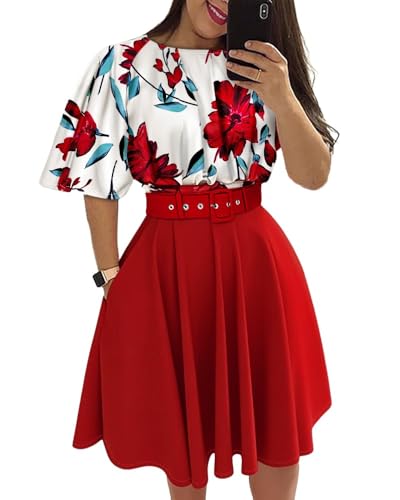 CHICME Women's Summer 2 Piece Outfits Floral Waist Shirred Crop Top and A Line Mini Skirt Set Dressy Casual Outfits