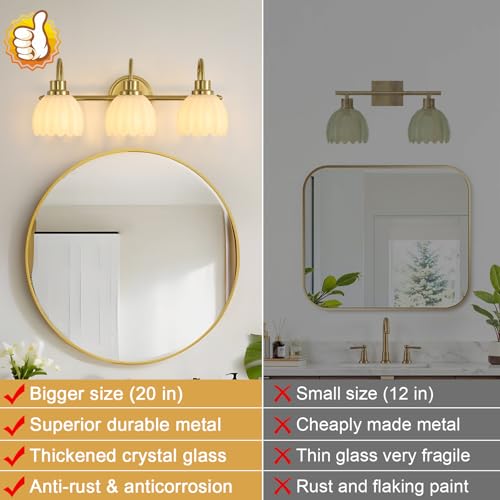 Image of Bathroom Light Fixtures (3-Light, 20 Inch), Brushed Gold Vanity Lights for Bathroom with Ribbed Milk Tulip Glass Shade, Vintage Vanity Wall Lights for Mirror Bedroom Living Room Hallway