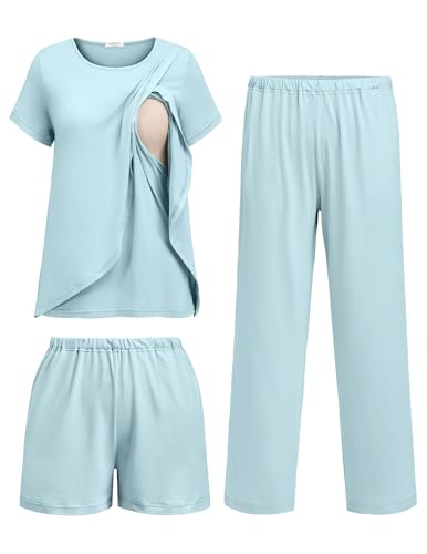 Image of Ekouaer 3 PCS Maternity Nursing Pajamas Set Postpartum Breastfeeding Short Sleeve Shirts, Pregnancy Shorts & Pants Pjs S-XXL