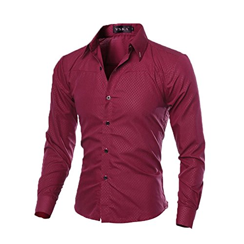 Junlinto Mode Hommes Chemises Décontractées de Mince Fit Chemises de Chemise à Manches Longues Bouton Tops Haute qualité et Confortable Vin Rouge
